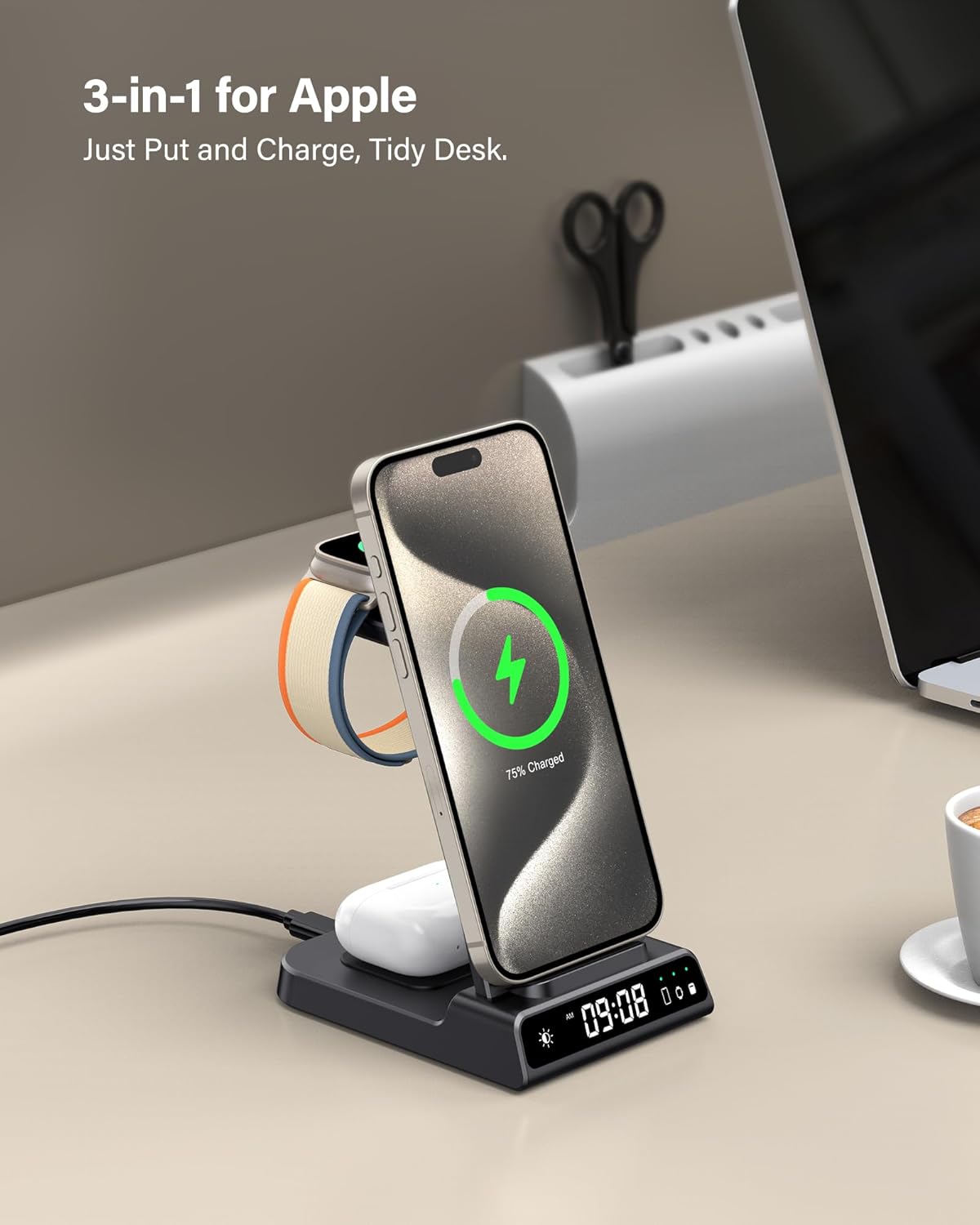 leChivée Wireless Charger for Apple Devices, 3 in 1 Wireless Charging Station Dock for iPhone 16 Pro Max/16 Pro/15/14/13/12, Apple Watch Charger for iWatch Ulltra 2/9/8/7/SE/6/5/4/3, AirPods Pro/4/3