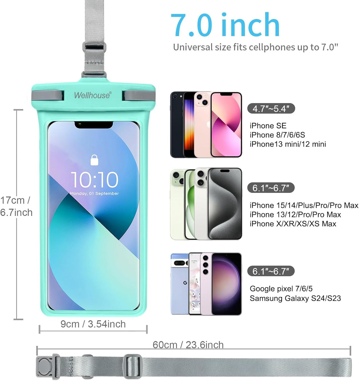 wellhouse Waterproof Phone Pouch, Waterproof Phone Case for iPhone 16 15 14 13 12 Pro Max XS Samsung, IPX8 3D Cellphone Dry Bag Beach Essentials (1 Pack - Crystal Green7.0, 7 inch)