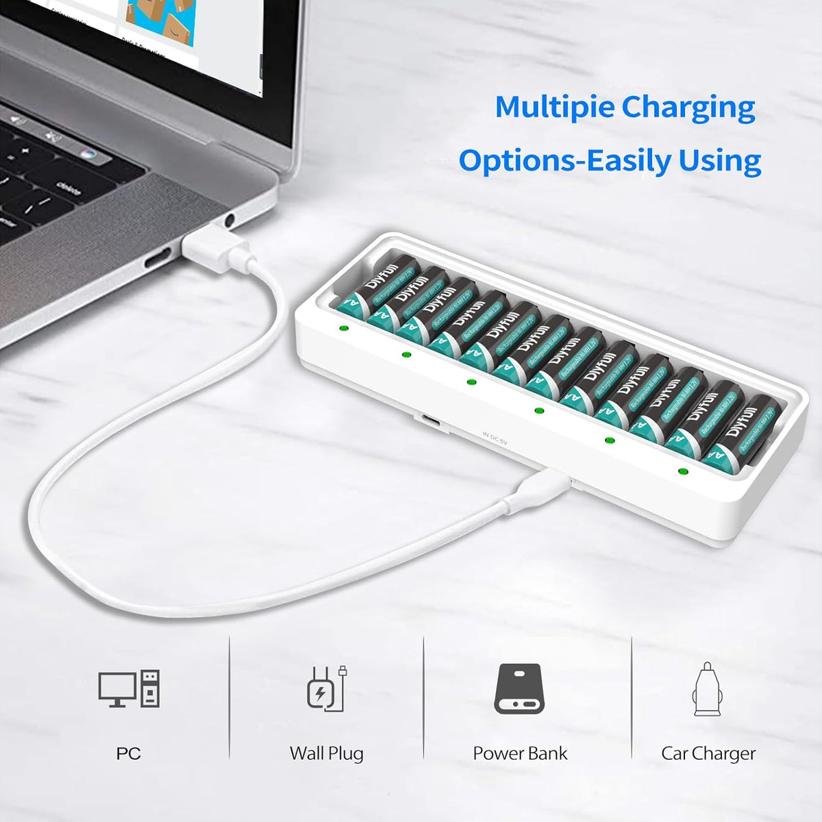 DLYFULL 12 Bay AA AAA Battery Charger, USB and Type-C Selectable High-Speeding Charging for Ni-MH Ni-CD Rechargeable