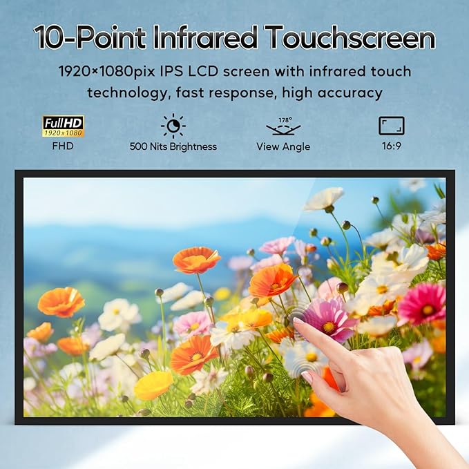 43 Multi-Touch Screen Industrial Monitor FHD 1080P Digital Signage Display for Advertising Reverse Control Laptop Wireless Screen Mirroring Built-in Speakers USB HDMI Ports