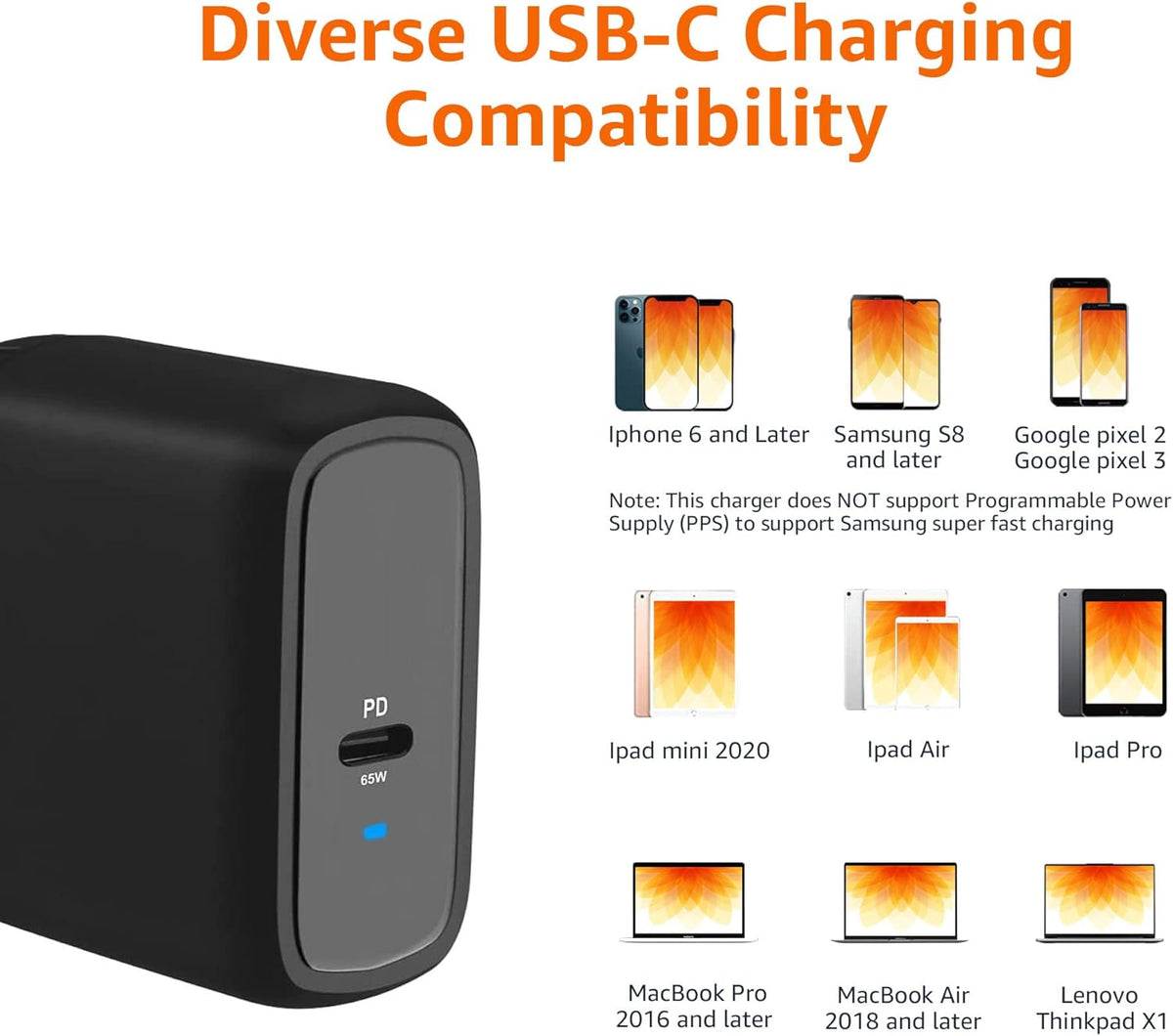 Amazon Basics 65W One-Port GaN USB-C Wall Charger with Power Delivery PD, Foldable Plug, for Laptops, Tablets & Phones, Black