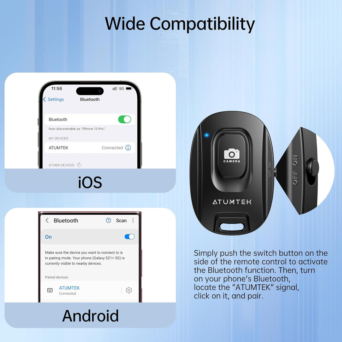 ATUMTEK Camera Remote Shutter for iPhone and Android Smartphones (2 Pack), Wireless Phone Remote Control Selfie Button for Photos and Videos (Bluetooth 5.2), Wrist Strap Included, Black