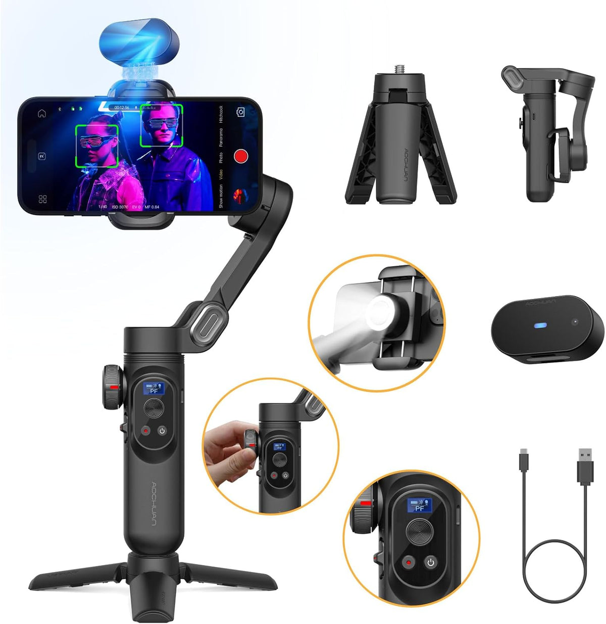 Gimbal Stabilizer for iPhone with AI Vision Sensor for Face Tracking, 3-Axis Phone Gimbal w/OLED Display for Vlog Recording, Compatible with iPhone/Android-Smart XPro AI Black