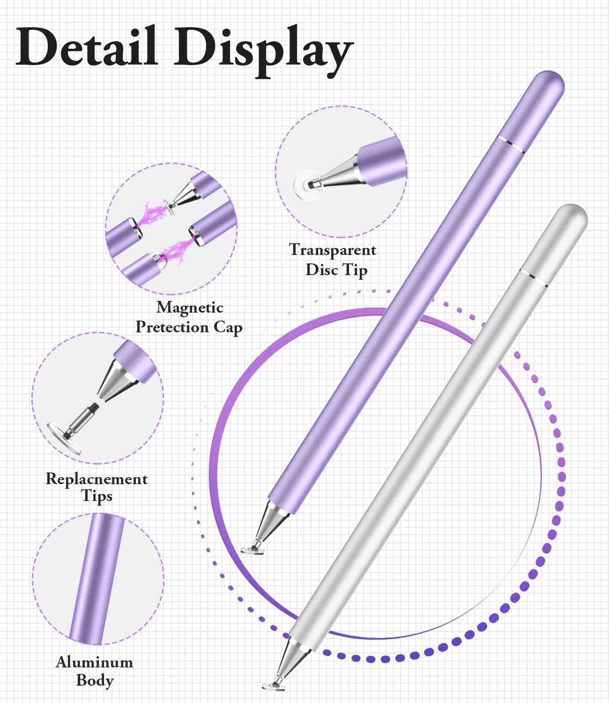 Stylus Pen for iPad, LUNTAK Stylus Pens for Apple/iPhone/Ipad pro/Mini/Air/Android/Microsoft/Surface All Capacitive Touch Screens Universal with 4 Replacement Tips (2 Pcs, Purple and Silver)