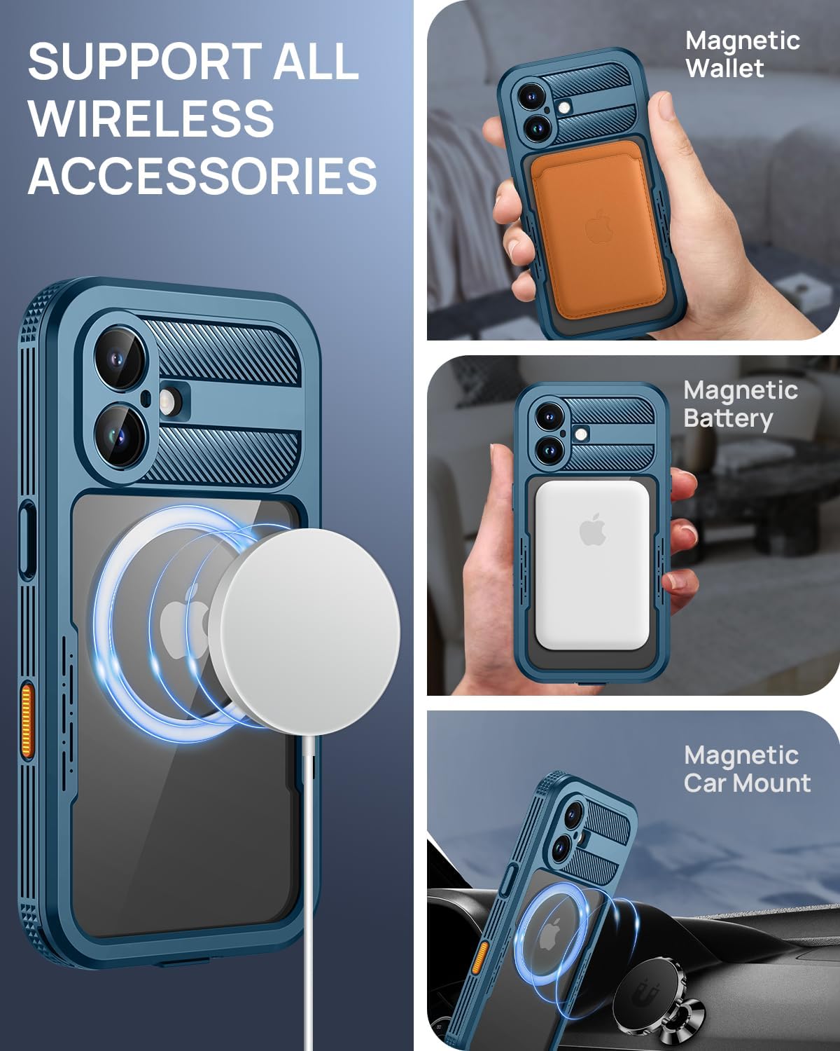 Lanhiem Magnetic for iPhone 16 Case, IP68 Waterproof Dustproof Case, [Compatible with Magsafe] [Built-in Screen Protector] Full Body Heavy Duty Rugged Phone Cover 6.1 inch, Blue/Clear
