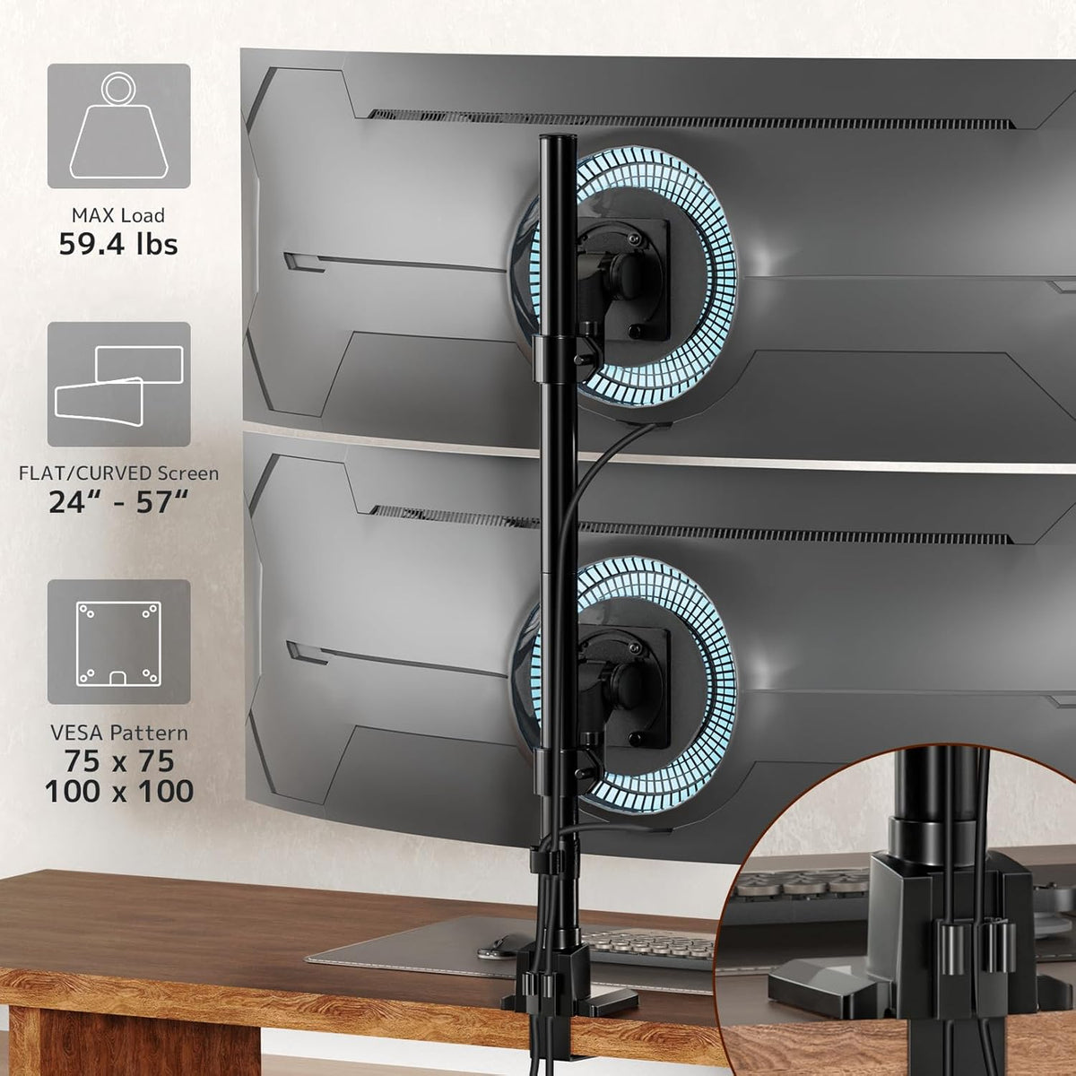 Dual Monitor-Arm Ultrawide Heavy Duty - 24-57 inch Vertical Dual Monitor Mount, Adjustable Stacked Double Monitor Desk Mount Stand, Max Load 59.4 lbs (per Screen), VESA 75 100 mm, Black