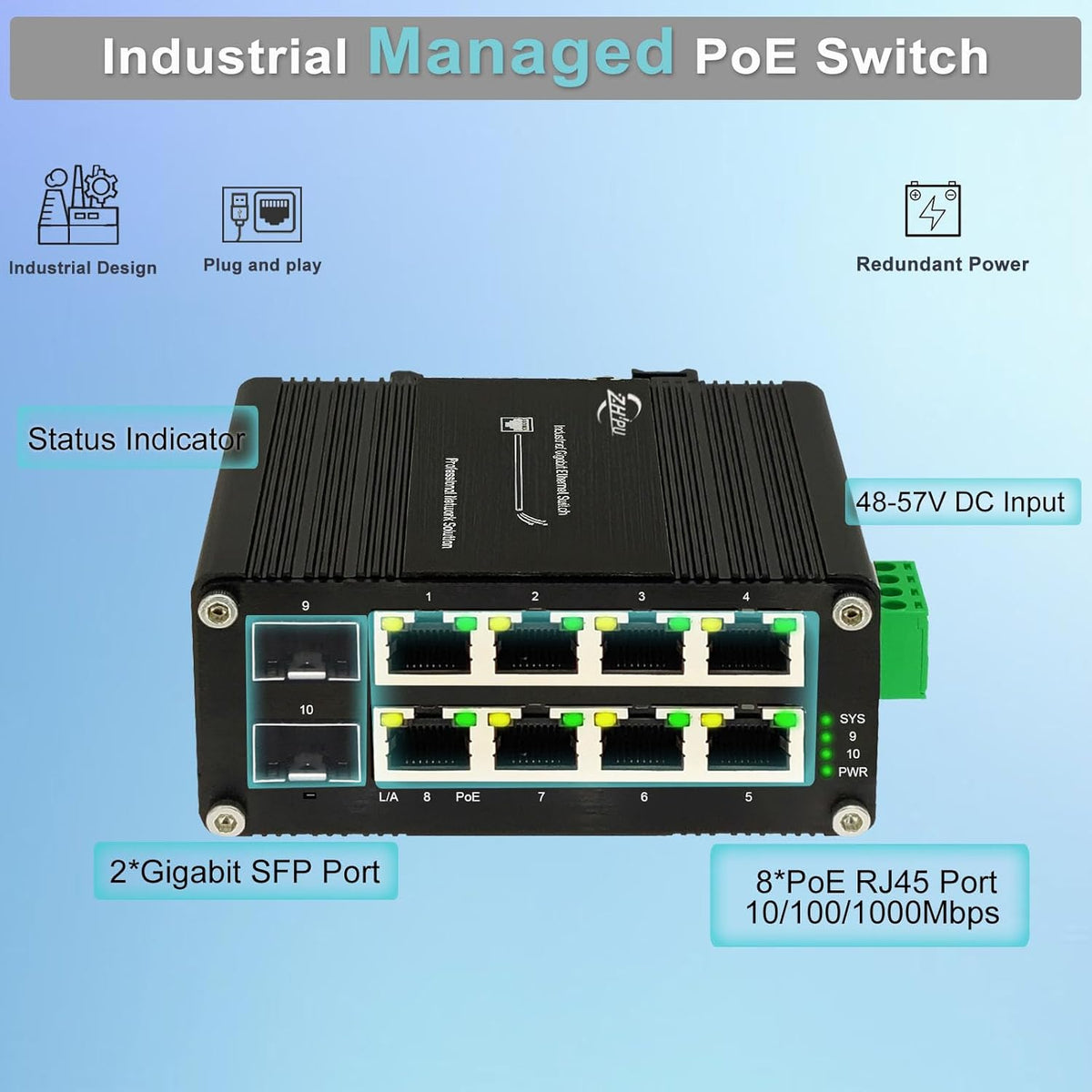 Industrial Managed 8 Port PoE Ethernet Switch with 2 SFP Slot, Gigabit Networking Switch with Web Management, Supporting Din-Rail, Black, XY-M2F8P