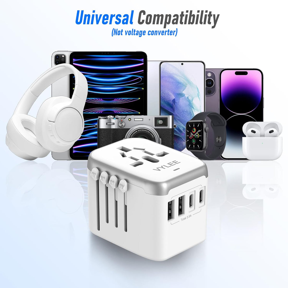 Universal International Power Travel Plug Adapter, 5 in 1 European Travel Plug Adapter W/ 3.5A 2xUSB-A and 2xUSB C Wall Charger and Worldwide AC Outlet for Europe USA UK AUS Asia (White Grey)