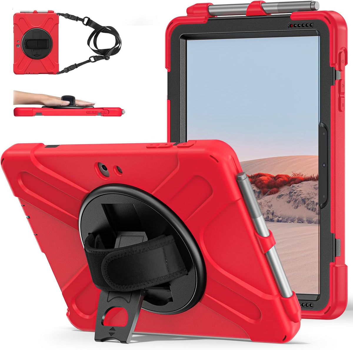 ZenRich Rugged Case for Surface Go 4 (2023)/Surface Go 3 (2021)/ Surface Go 2 (2020), Surface Go (2018) with Pen Holder Heavy Duty Shockproof Case with Stand Hand Strap and Shoulder Belt-Red