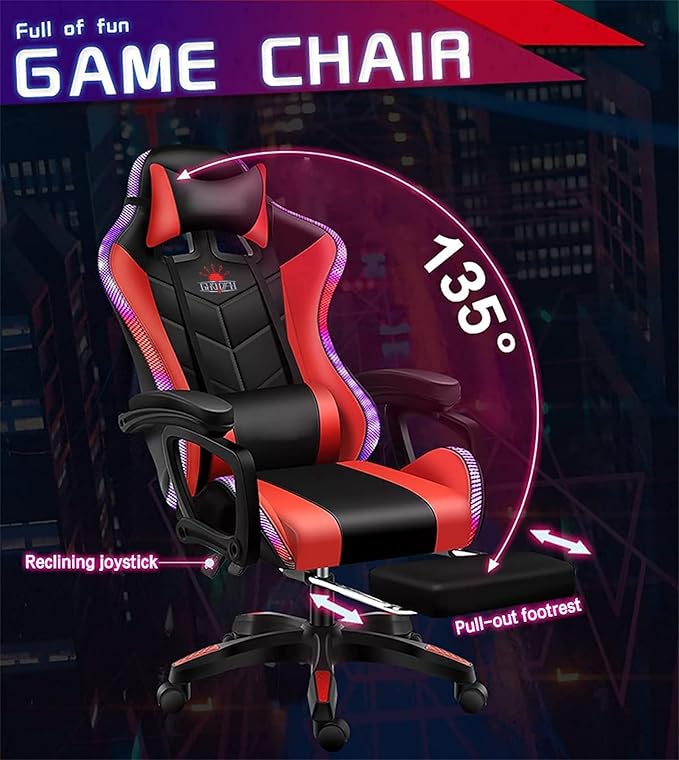 Gaming Chair with RGB LED Lights Video Game Chair Massage Gaming ChairAdjustable Reclining Office Swivel Chair Ergonomic High Back Computer ChairPink