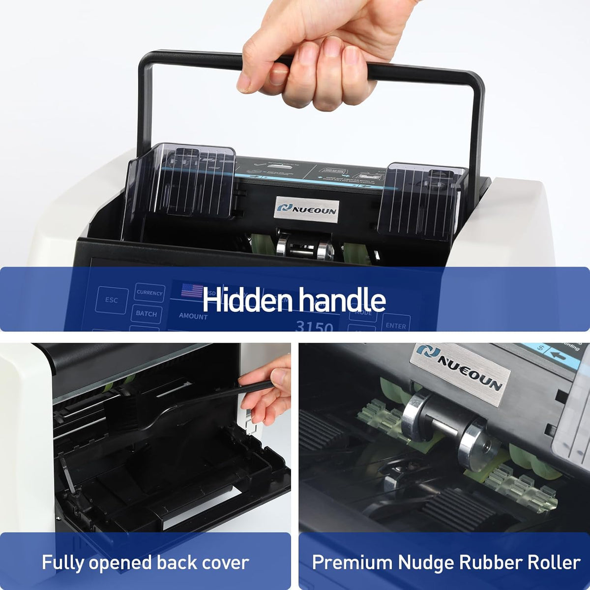 NUCOUN VC-3 Mixed Denomination Money Counter Machine, Value Counting, CIS/UV/IR/MG/MT Counterfeit Detection, USD/Euro/CAD/MXN, Printer Enable, White Cash Note Counter, Bill Counter for Business