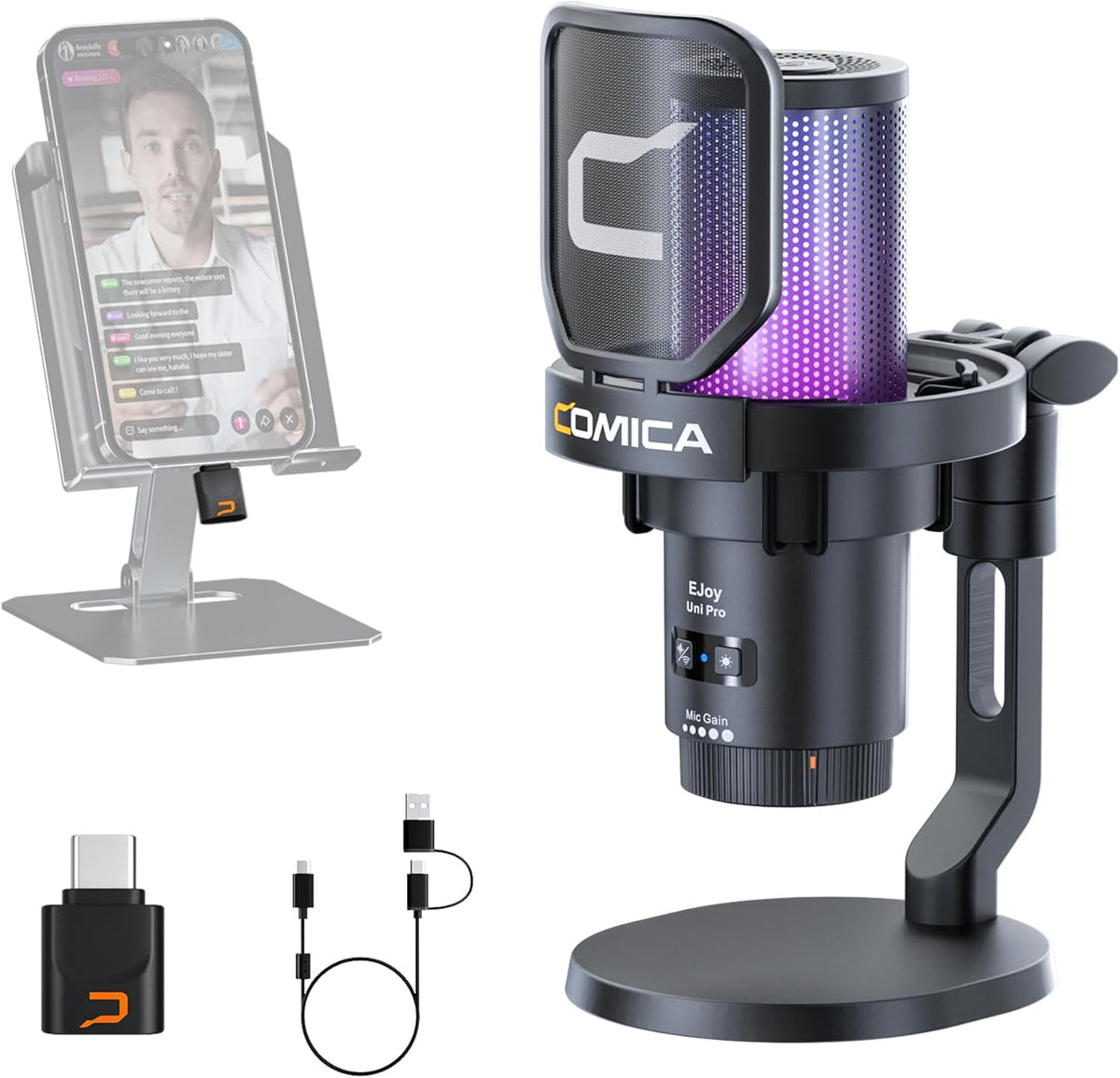 COMICA EJoy Uni Pro Wireless Gaming USB Microphone, Noise Cancellation RGB Condenser Mic with Mute, Gain, Monitoring, Pop Filter&Shock Mount for Recording, Streaming, Podcast, PS5, PS4, PC, YouTube