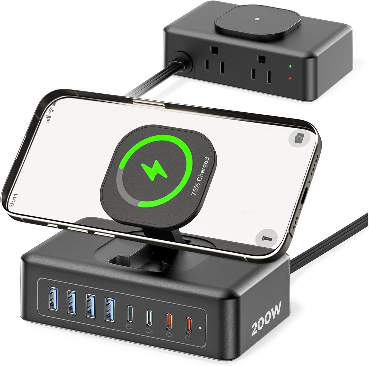 Acozvin 200W 11-in-1 2AC 8USB 5ft USB Charging Station, USB C Power Strip Surge Protector, Outlets & Ports, Flat Plug
