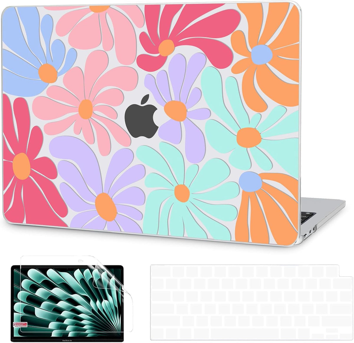 G JGOO Compatible with MacBook Air 13 inch Case 2025 2024 2023 2022 M4 A3240 M3 A3113 M2 A2681, Clear Hard Shell for MacBook Air 13.6 inch Case + Keyboard Cover + Screen Protector, Colorful Flower