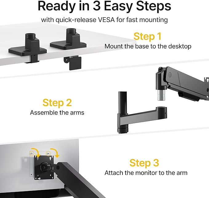 monTEK Tall Single Monitor Arm for 17 to 45 Inch Curved Screen Adjustable Upgraded Heavy Duty Ultrawide Monitor Arm Holds 35 Lbs Cable Management with C Clamp, Grommet Base, VESA 75/100mm, MA1007PBK