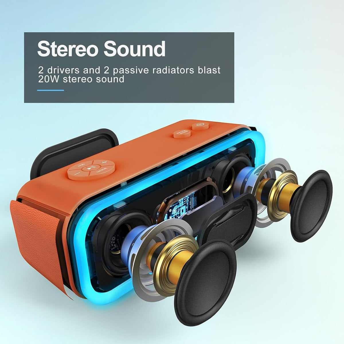 DOSS SoundBox Pro Bluetooth Speaker with 20W Stereo Sound, Active Extra Bass, IPX6 Waterproof, TWS Pairing, Multi-Colors Lights, 20H Playtime, Portable for Beach, Outdoor-Orange