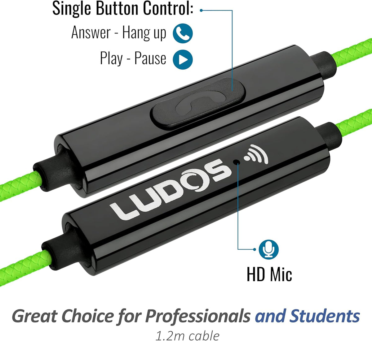 LUDOS Clamor Wired Earbuds in-Ear Headphones, 5 Years Warranty, Earphones with Microphone, Noise Isolating Ear Buds, Memory Foam for iPhone, Samsung, School Students, Kids, Women, Small Ears - Green