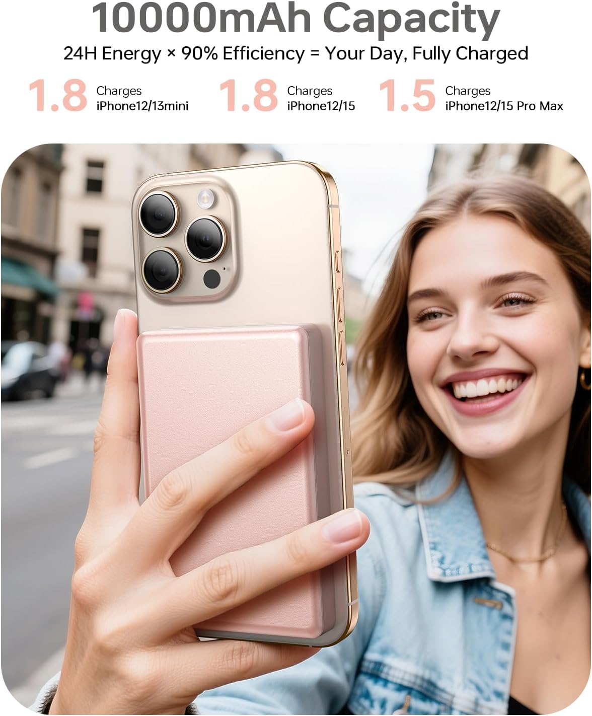 10,000mAh for MagSafe Power Bank Ultra Slim, Magnetic Wireless Charger with USB-C Cable, Fast Charging Portable Battery for iPhone 16/15/14/13/12 Series, All-Metal Design (Rose Gold)