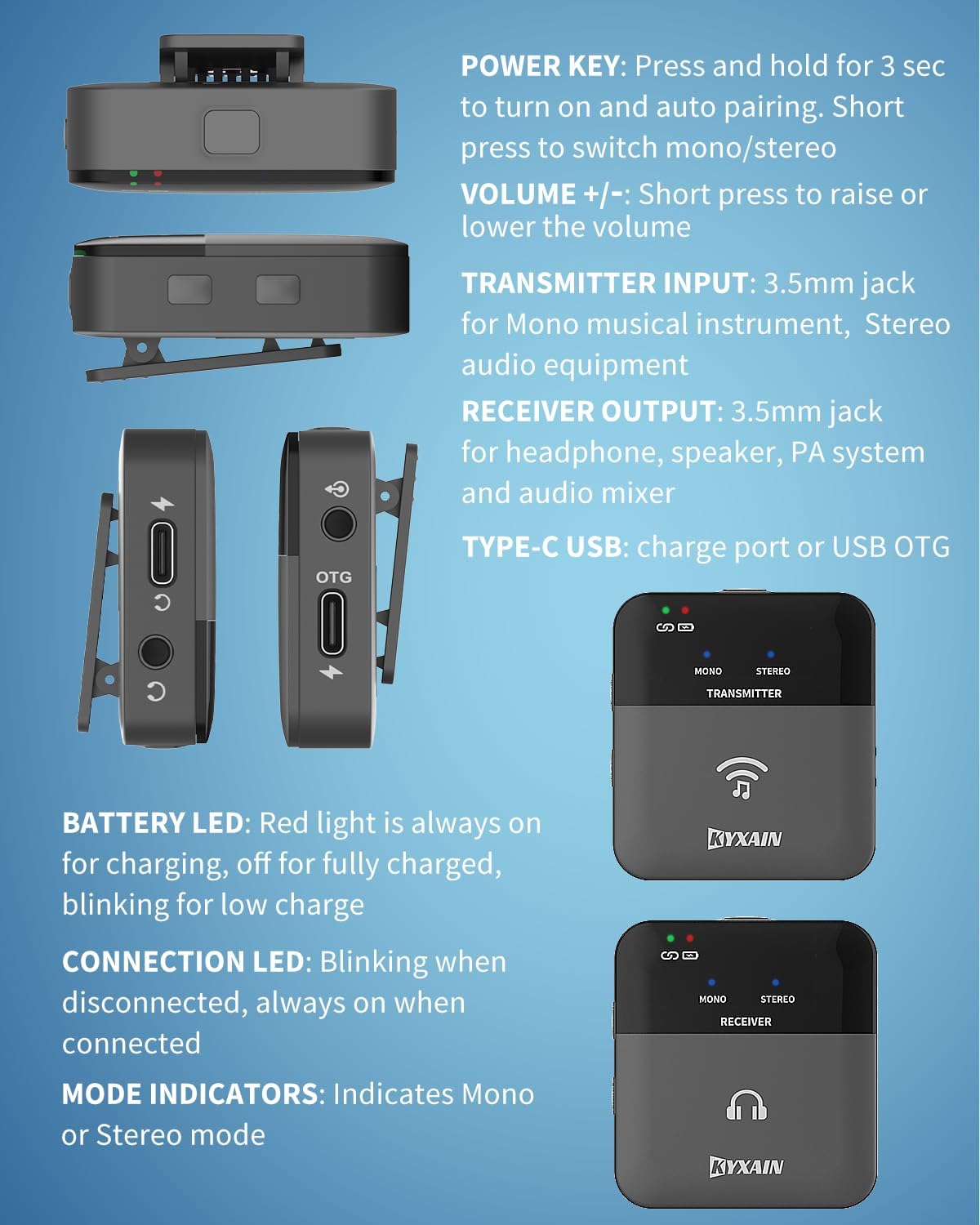 2.4GHz Wireless in Ear Monitor System, 24Bit/48K Mono Stereo Wireless IEM System with Transmitter Beltpack Receiver Auto Pairing, OTG USB Input, for Studio Band Live Performance