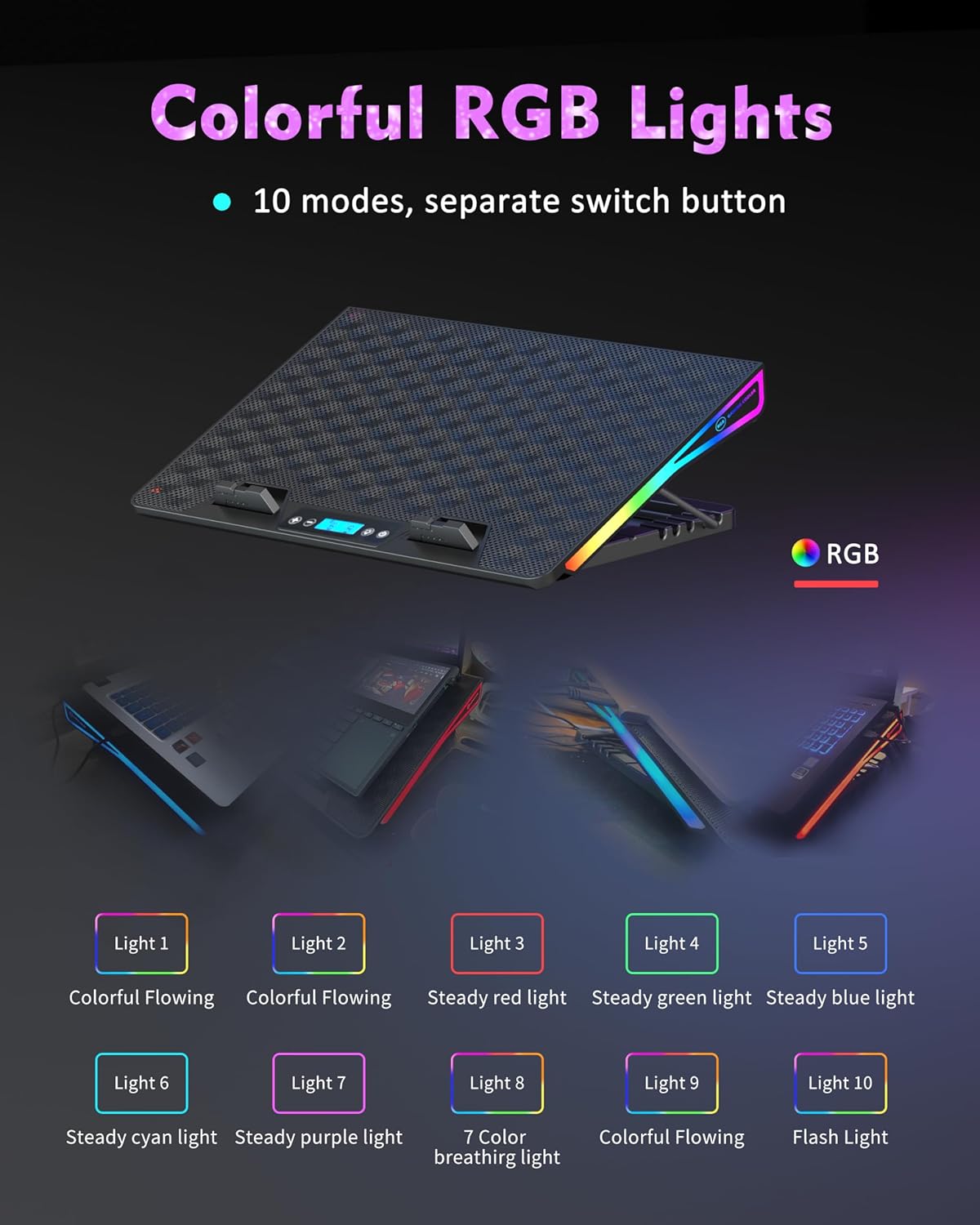 AICHESON Laptop Cooling Pad, 15 Powerful Cooling Fans, Gaming Laptop Cooler with RGB Lights for 15-17.3 inch PC Computers
