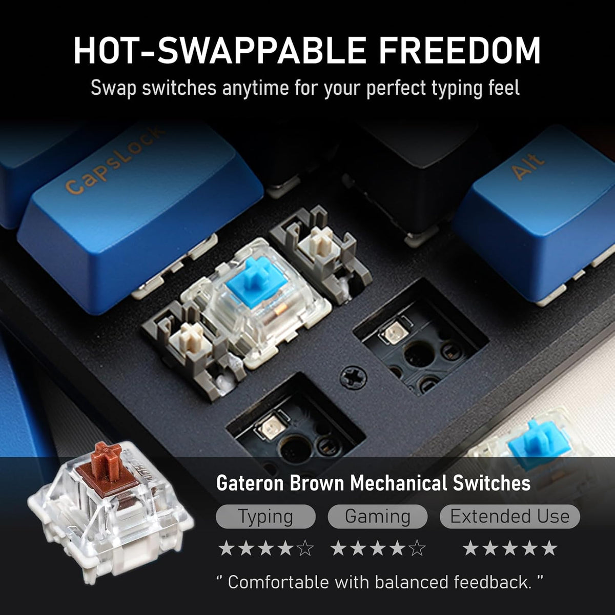 iRocks K74R Wireless RGB Illuminated Mechanical Gaming Keyboard, Hot-Swappable Switches, Floating Design, PBT 107 Keys NKRO, Detachable USB-C Cable - Midsummer Black (Brown Switches)