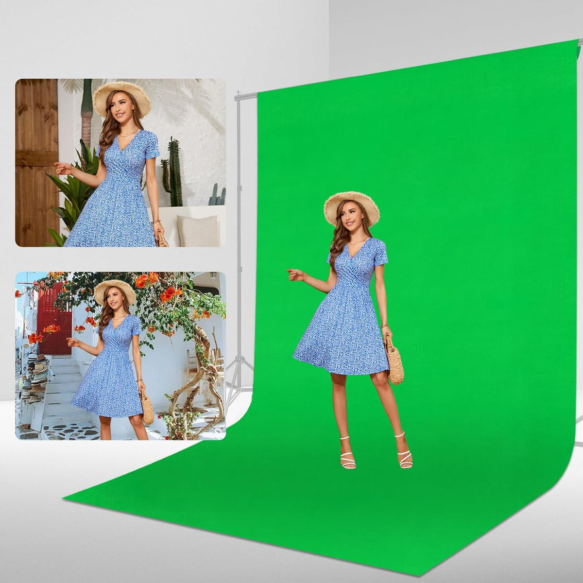 8x10ft Green Screen Backdrop, (WxH) Photography Chromakey Greenscreen Background Sheet, Polyester Collapsible Green