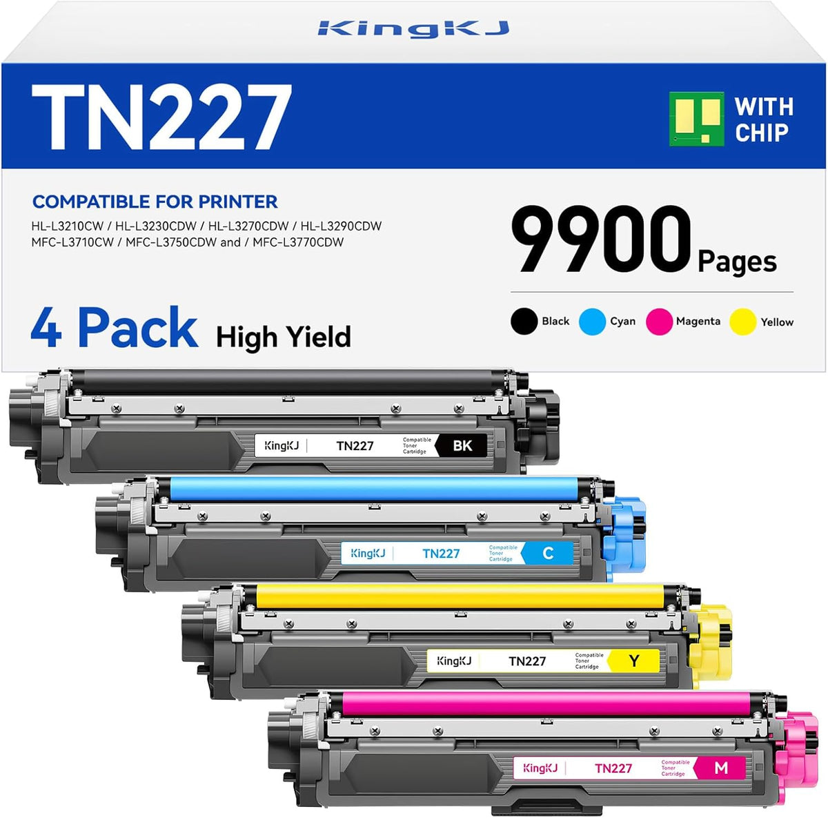 TN227 Toner Cartridge Set 4-Pack Black Color Replacement for Brother TN-227 TN223 Compatible with HL-L3270CDW HL-L3210CW MFC-L3770CDW HL-L3290CDW MFC-L3750CDW L3710CW HL-L3230CDW L3230CDN Printer Ink