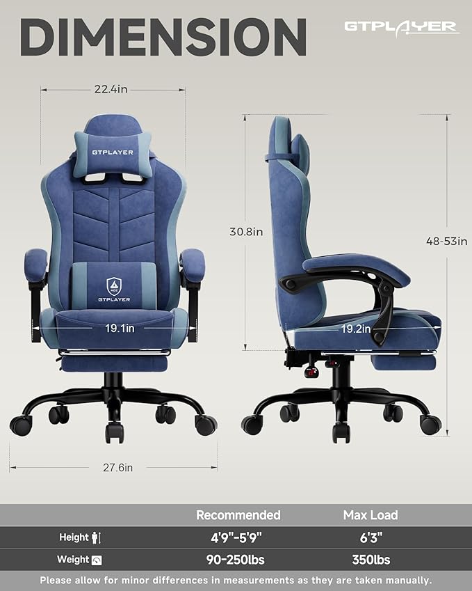 GTPLAYER Gaming Chair with Footrest Computer Gaming Chair for Adults and Kids Height Adjustable Gamer Chair with 90-155° Recline &amp Removable Headrest Lumbar SupportPerformance Fabric Blue