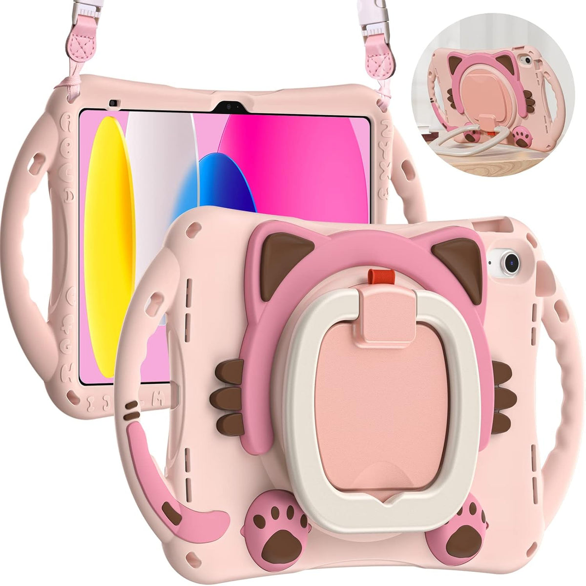 BRAECN Cute Cat Case for iPad (A16) 11th/10th Generation 11”/10.9'' 2025/2022, Silicone Kids Boys Girls Case with Pencil Holder, Carrying Shoulder Strap, 360°Rotating Handle Grip, Kickstand -Pink