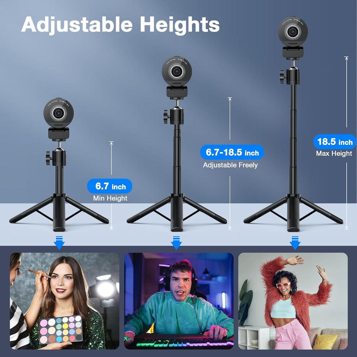 EMEET SmartCam S800-4K Webcam with Tripod for Streaming, Sony 1/2'' Sensor, Supports HDR, PDAF&TOF Dual-autofocus, 1080P@60FPS, Adjustable Heights with 360° Swivel Head, Perfect for Live Streaming