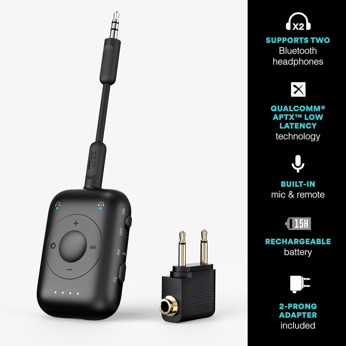 MEE audio Connect Air Pro Bluetooth Wireless Audio Transmitter & Receiver for AirPods or Bluetooth Headphones, 2-in-1 Adapter with Detachable Cable 3.5mm Aux Audio Jack for Airplanes, Auto, Gym, Black