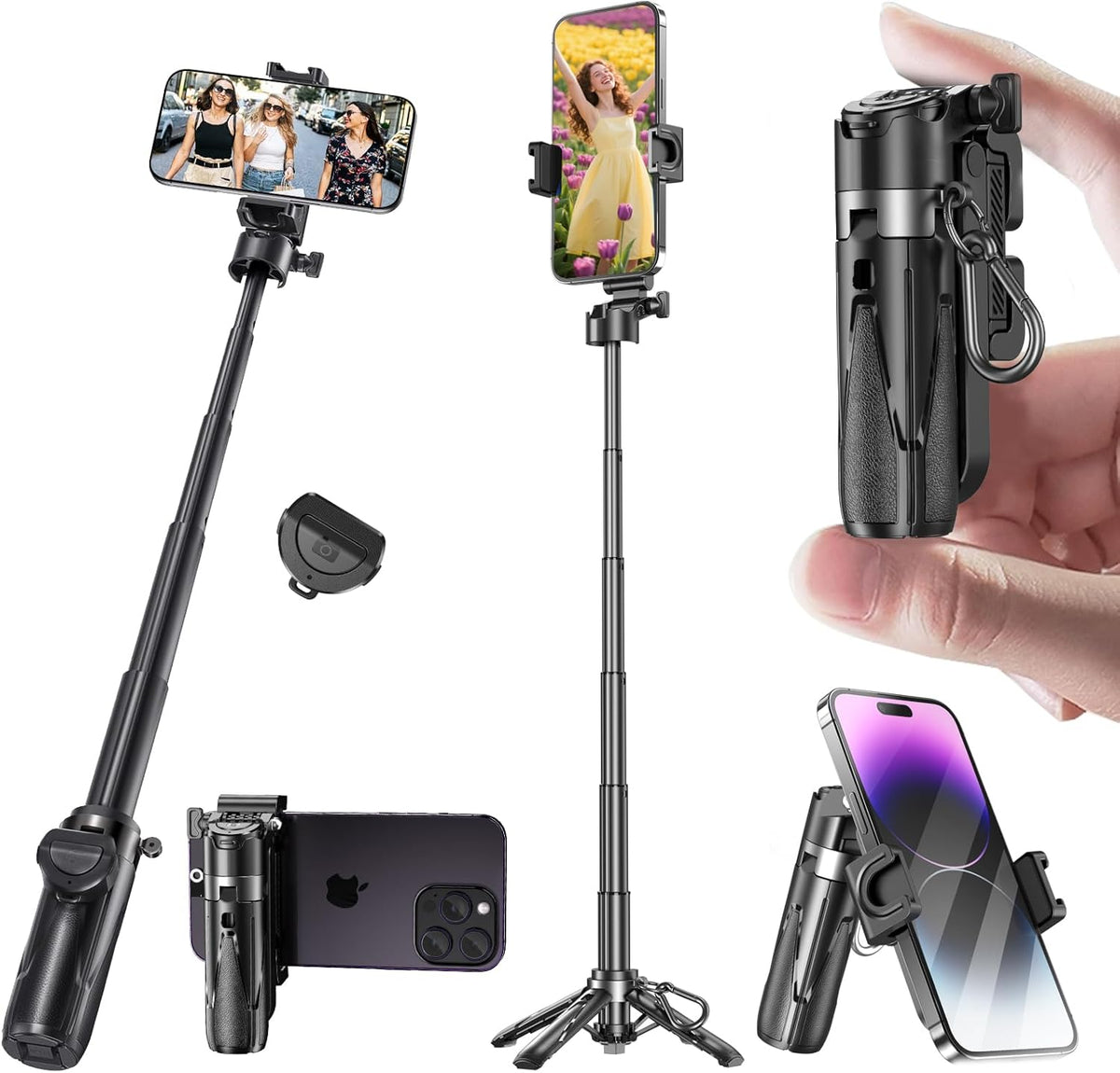 Mini Selfie Stick, Pocket Size Extendable Phone Holder with Wireless Detachable Remote Control for Content Creation/Vlog/Video Record/Live Stream