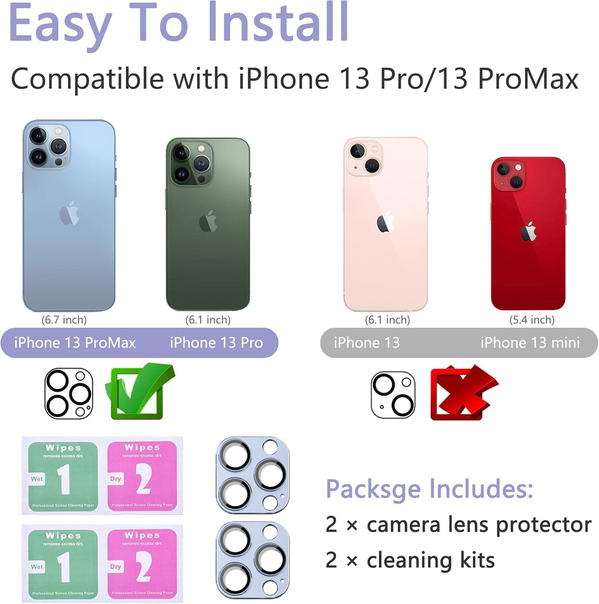 2 Pack Camera Lens Protector for iPhone 13 Pro/iPhone 13 Pro Max,[Not Easy to Breakn ] AR Tempered Glass Strong Adsorption Metal Camera Cover Screen-Far Peak Blue