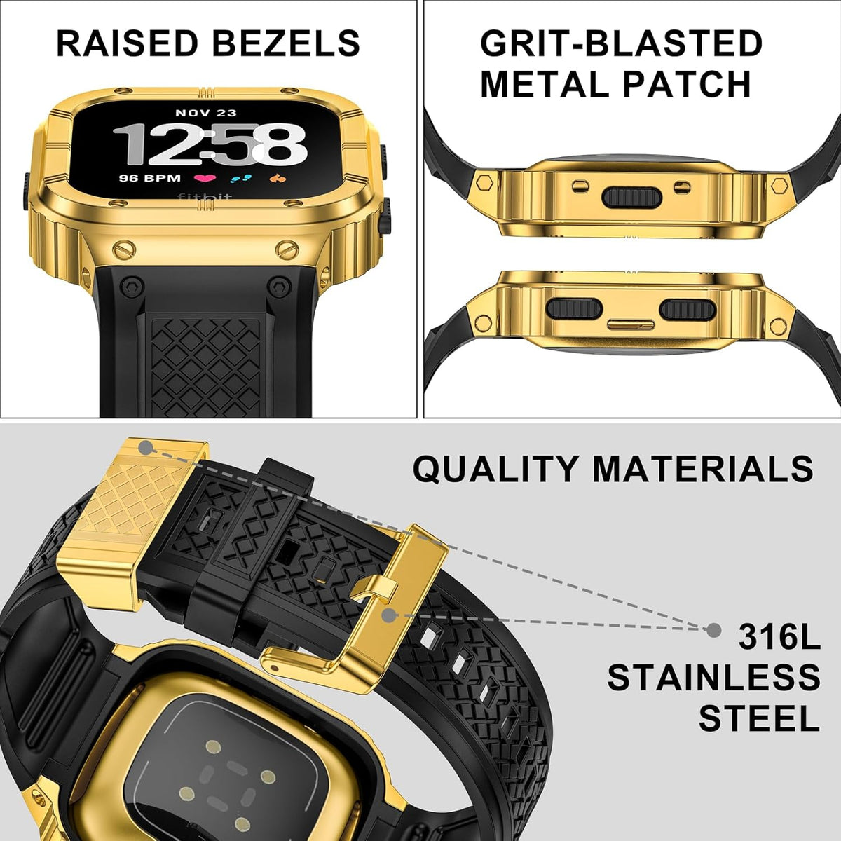 MioHHR Stainless Steel Case and Band Compatible with Fitbit Versa 4/3/2/Lite/Sense/Sense 2 Bands with Metal Case, Rugged Sports Protector Cover Silicone Wristbands for Men, Gold