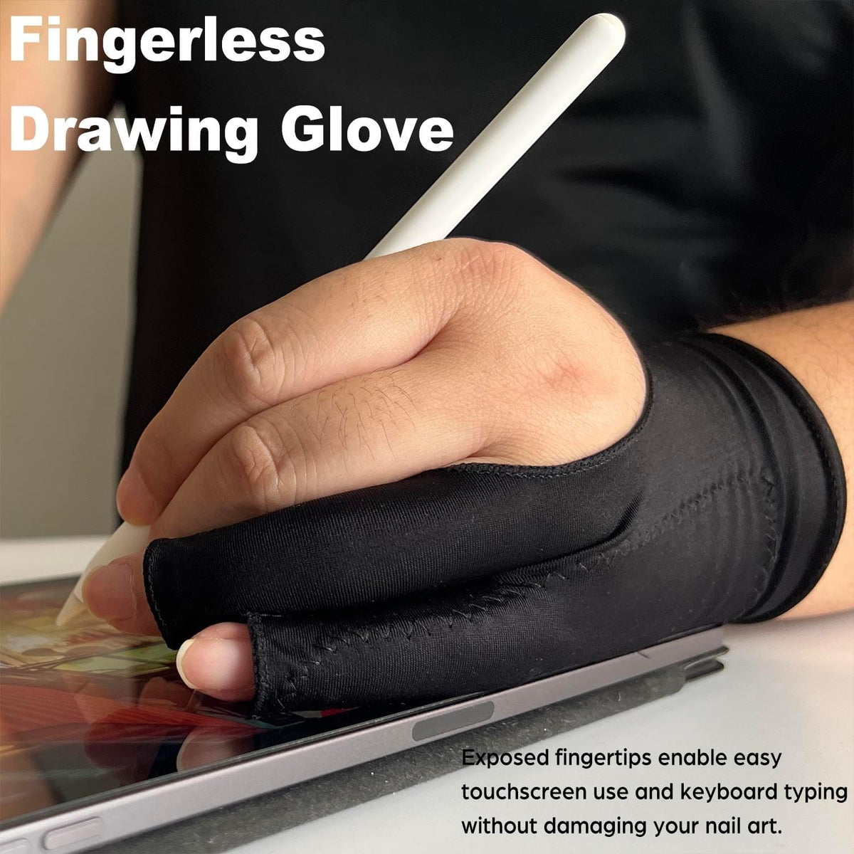 Drawing Glove, Artist Glove for Drawing Tablet, iPad, Digital Art Creation - Palm Rejection, Exposed Fingertip, Suitable for Left and Right Hand - L, Pack of 2