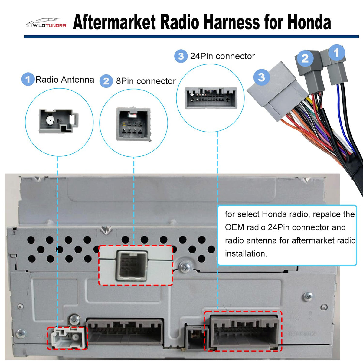 16-Pin 2013-2020 Android Aftermarket Radio Wiring Harness Adapter for Honda Odyssey (Except EX-L Trim), with Antenna
