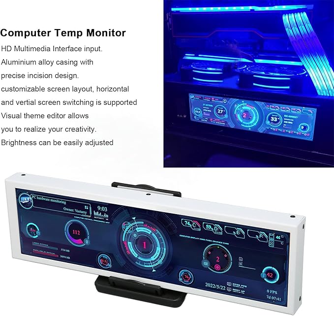 Zopsc 8.8 Inch Computer Temp Monitor 8.8 Inch USB Mini Screen PC Sensor Panel Display PC CPU Data Monitor Temperature Display for RasPi for Linux for