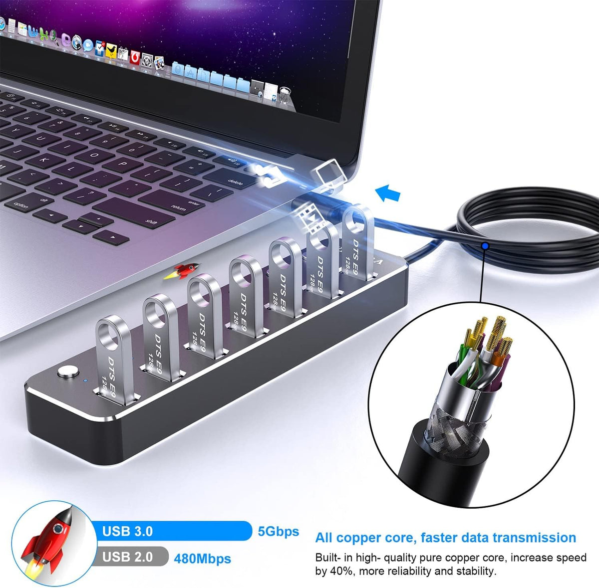 USB Hub, VKUSRA 7 Port USB Hub 3.0 with 4ft USB Long Cable, and Aluminum USB 3.0 Hub with Individual On/Off Switch and LED Indicator, USB Splitter for Laptop & PC, Power Adapter Not Included