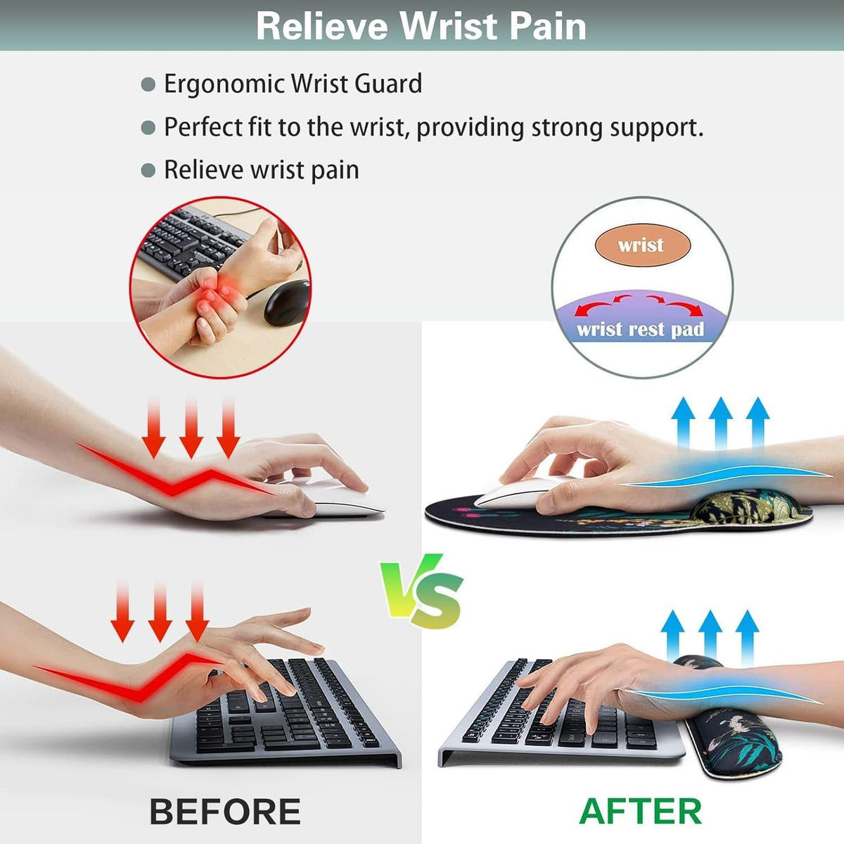 Mouse Pad with Wrist Rest Set, Qomolama 3-in-1 Wrist Support Mouse Pad Set, Floral Gaming Mousepad with Anti-Skid Base,Ergonomic Mouse Pad,Memory Foam Keyboard Gel Wrist Rest