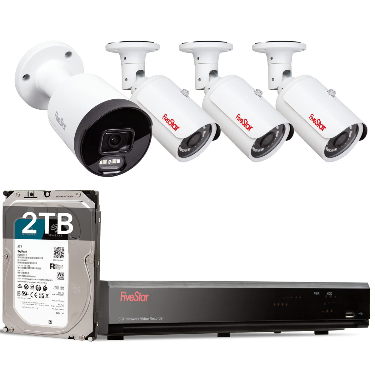 Five Star 4K Professional Security Metal Case Camera System, 1pc H.265+ 5MP Smart Detection AI Camera & 3pcs 5MP PoE Security Cameras Wired with 4K