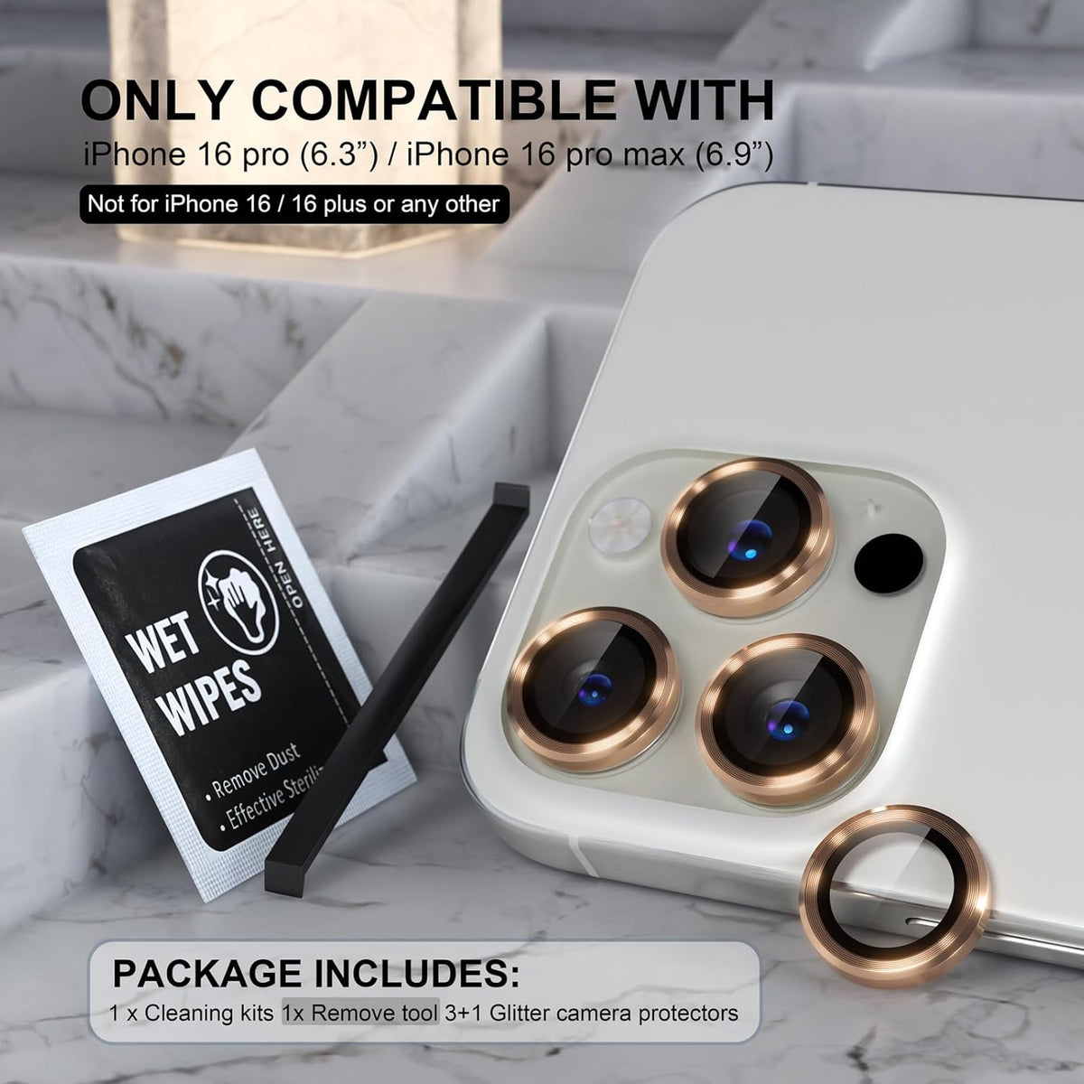 Choiche Compatible for iPhone 16 Pro/iPhone 16 Pro Max Camera Lens Protector, 9H Tempered Glass Camera Cover Screen Protector Metal Ring Decoration Accessories (Gold)