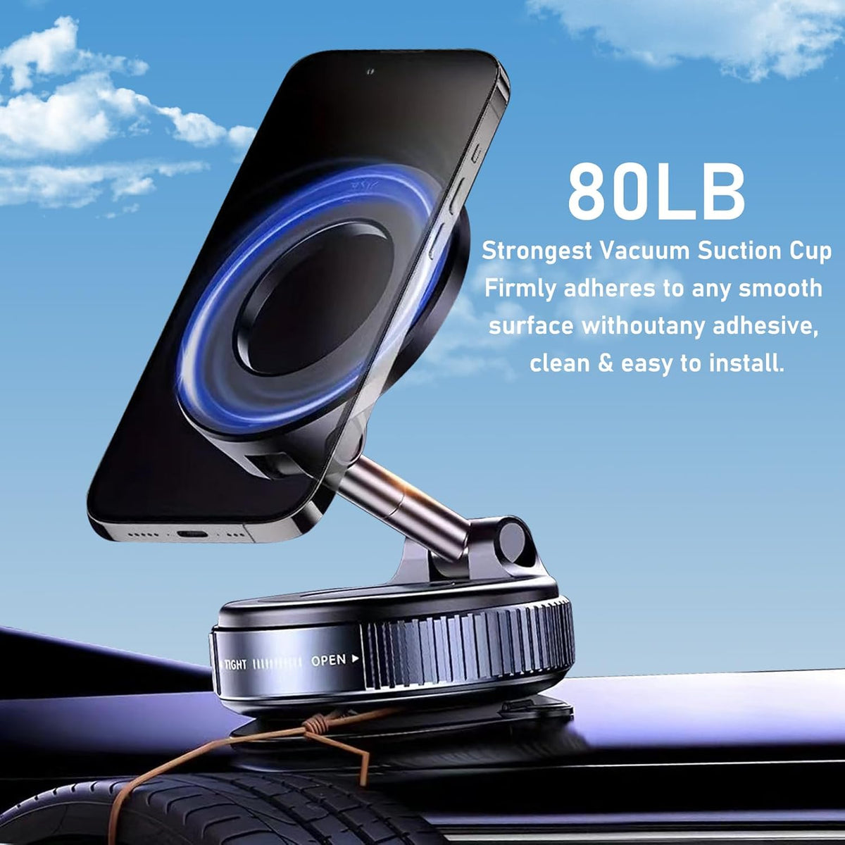 Vacuum Magnetic Phone Holder, 360° Adjustable Magnetic Car Mount, Foldable Portable Suction Cup Cell Phone Mount for Car/Gym/Mirror/Shower, Compatible with All Smartphones & All Car Models