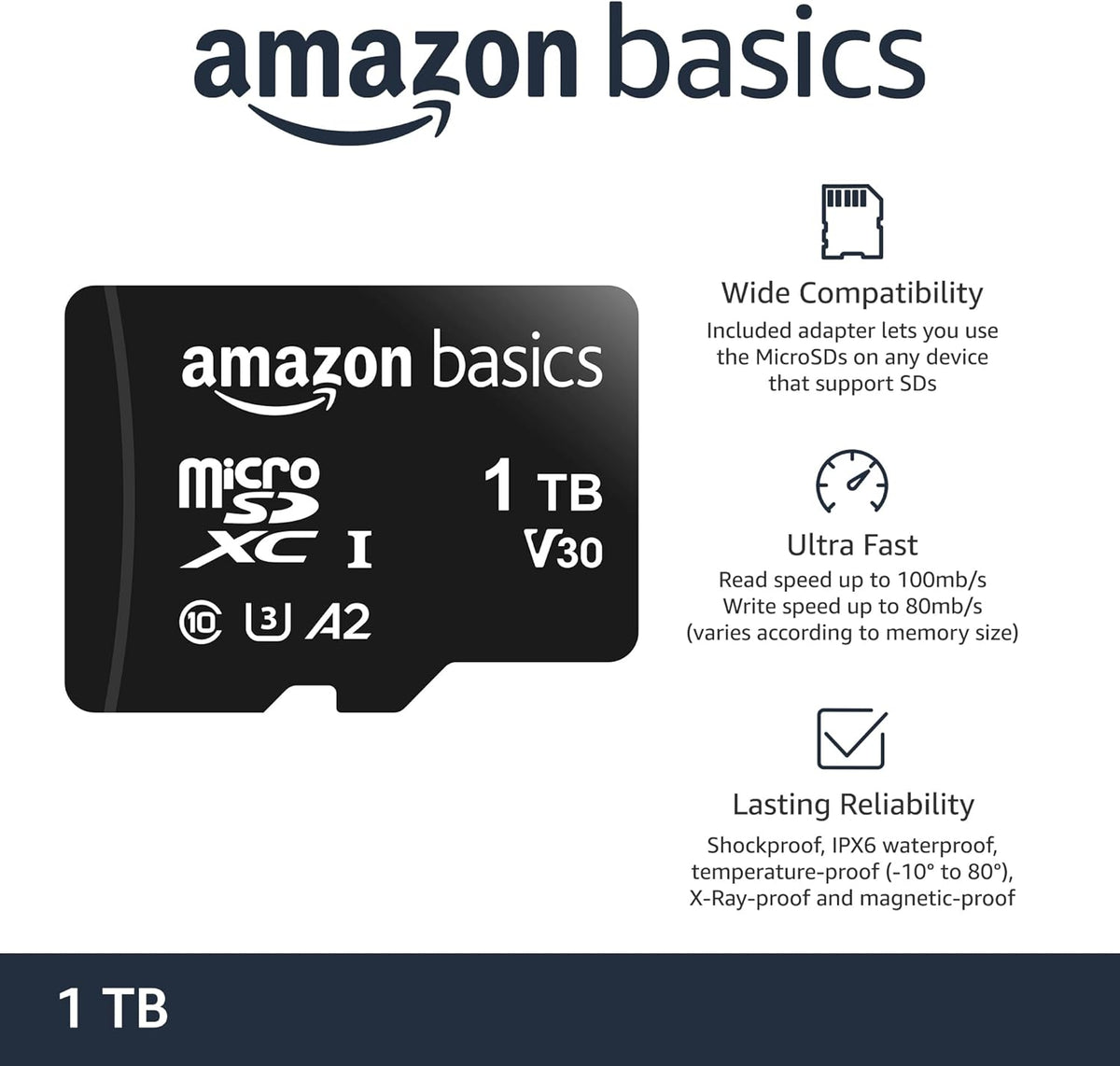 Amazon Basics microSDXC Memory Card with Full Size Adapter, A2, U3, Read Speed up to 100 MB/s, 1 Tb, Black