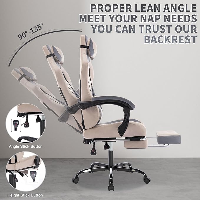 Grey 360° Swivel Gaming Chair Ergonomic Heavy Duty 330lbs Office Chair with Footrest and Massage Lumbar Support Height Adjustable High Back Reclining Gamer Chair with Headrest (Grey)