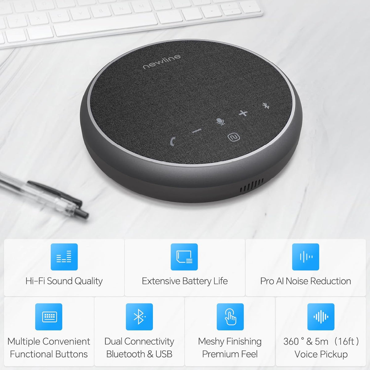 N newline Conference Speaker and Microphone, 360 Voice Pickup, AI Noise Reduction, Dual Connectivity, USB C Conference Room Speaker for Meetings, NewPie