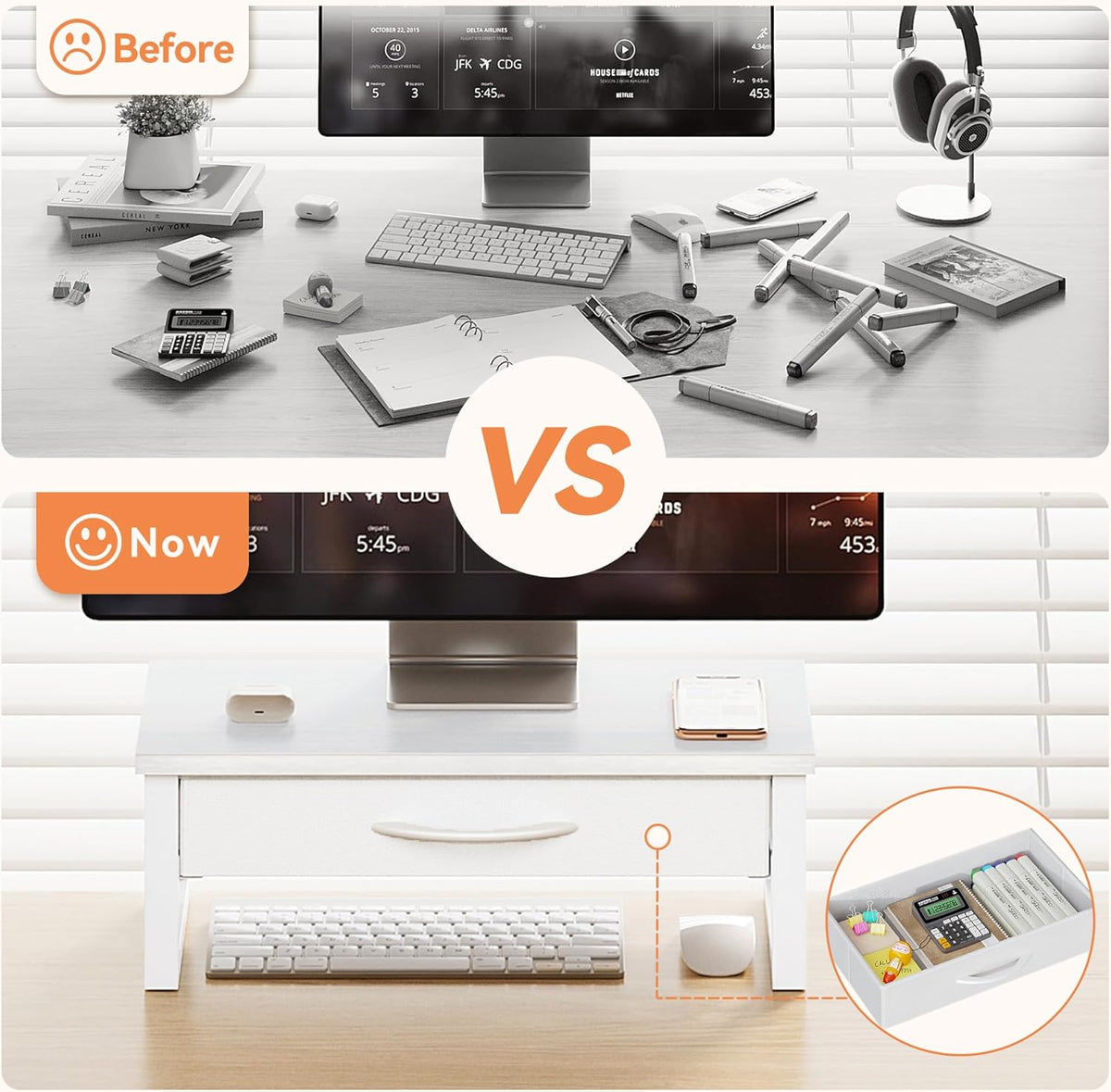 HEWORLIF Desk Organizers and Accessories, Computer Monitor Stand Riser with Drawer, White Laptop Stand for Desk