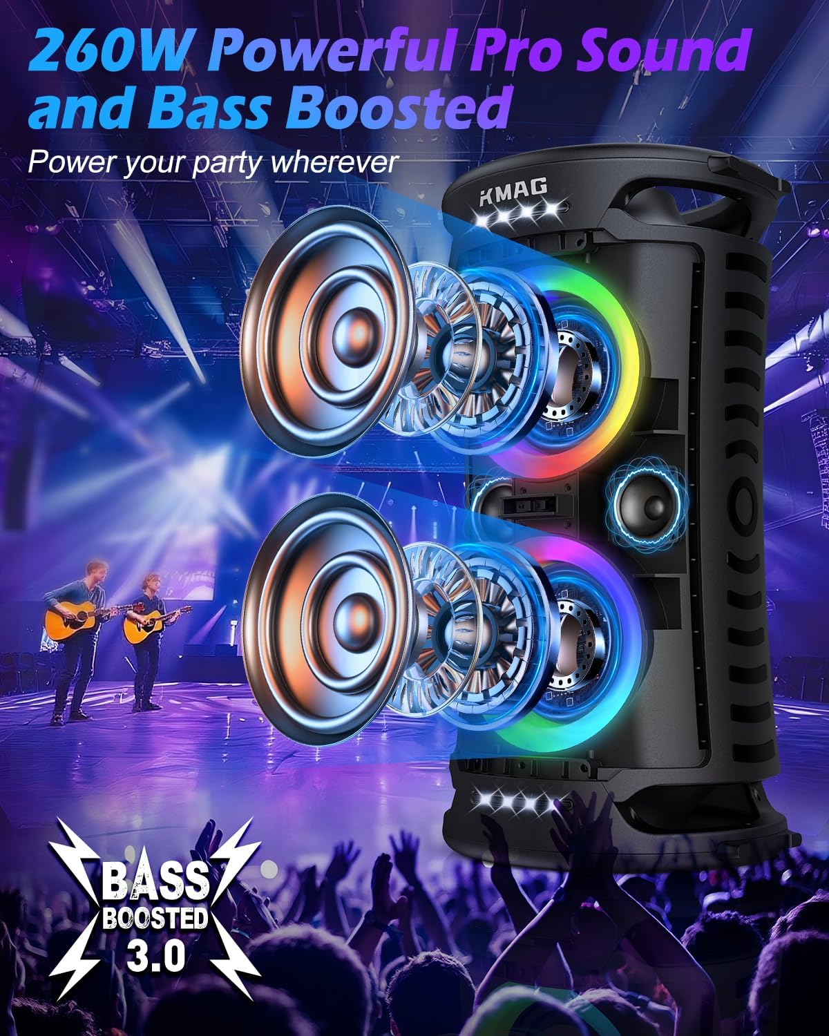 Large Bluetooth Speaker, 260W Peak Powerful Loud Sound with Deep Bass, Portable Outdoor Speaker Wireless, 15Hr Playtime, Fast Charge, TWS, Cool Lights for Party, Camping, Beach, Backyard, Home, Work