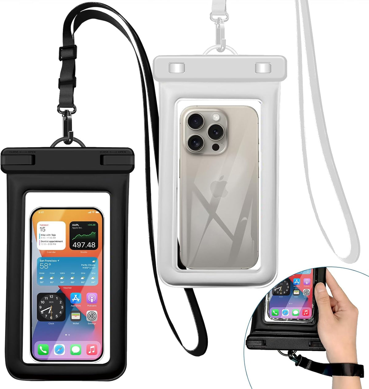 IPX8 Floating Waterproof Phone Pouch 2-Pack,7.2 Inch Waterproof Pouch for iPhone16/15/14 Pro Max Galaxy S24/S23 Adjustable Lanyard + Wrist Strap Beach Swimming Travel Essentials Black White