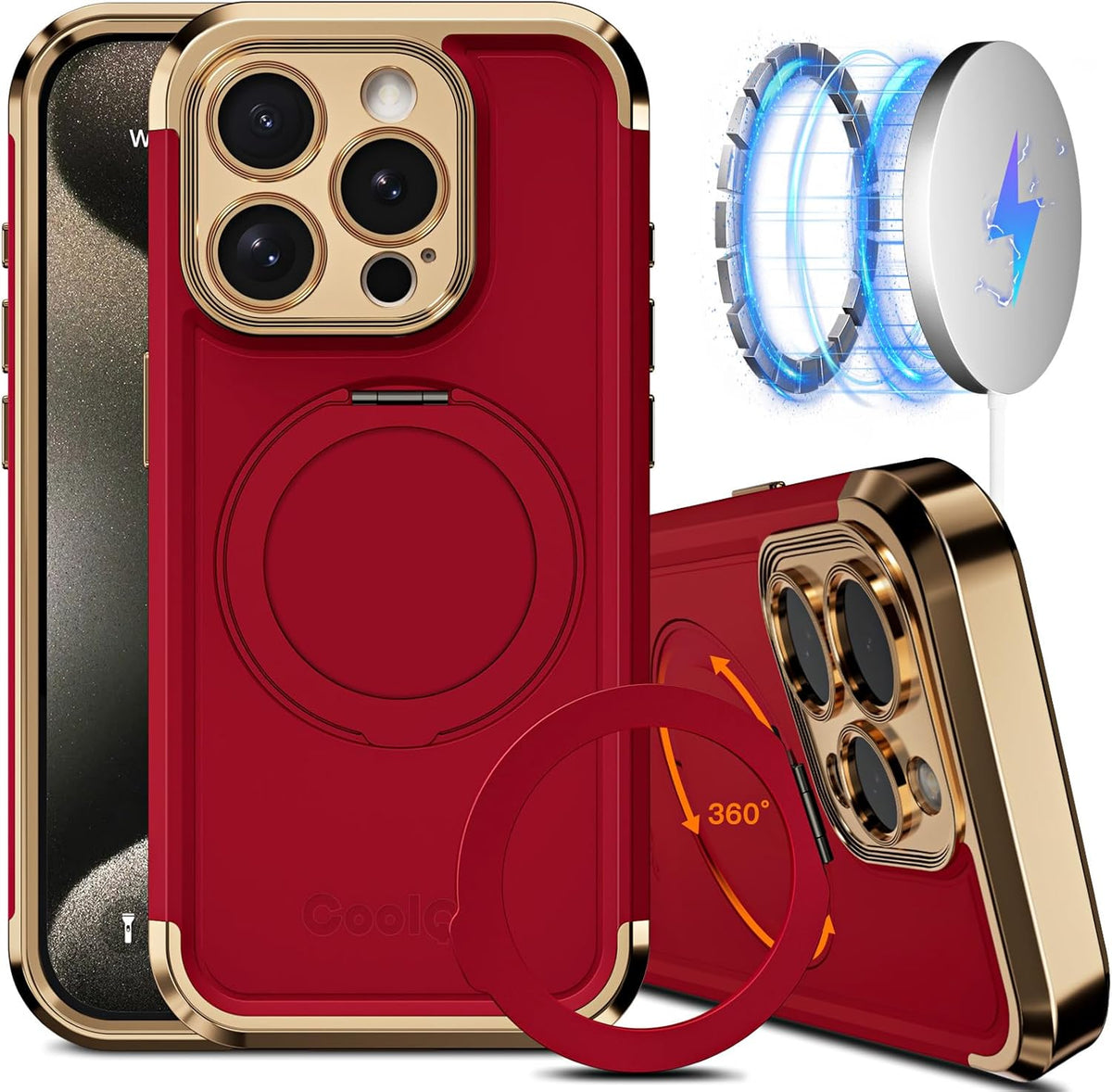 COOLQO for iPhone 15 Pro Max Case 6.7'' Upgraded 360° Spin Magnetic Stand [Compatible with Magsafe][Military Protection] Shockproof Protective Phone Holder Cover for iPhone 15 Pro Max, Red Gold