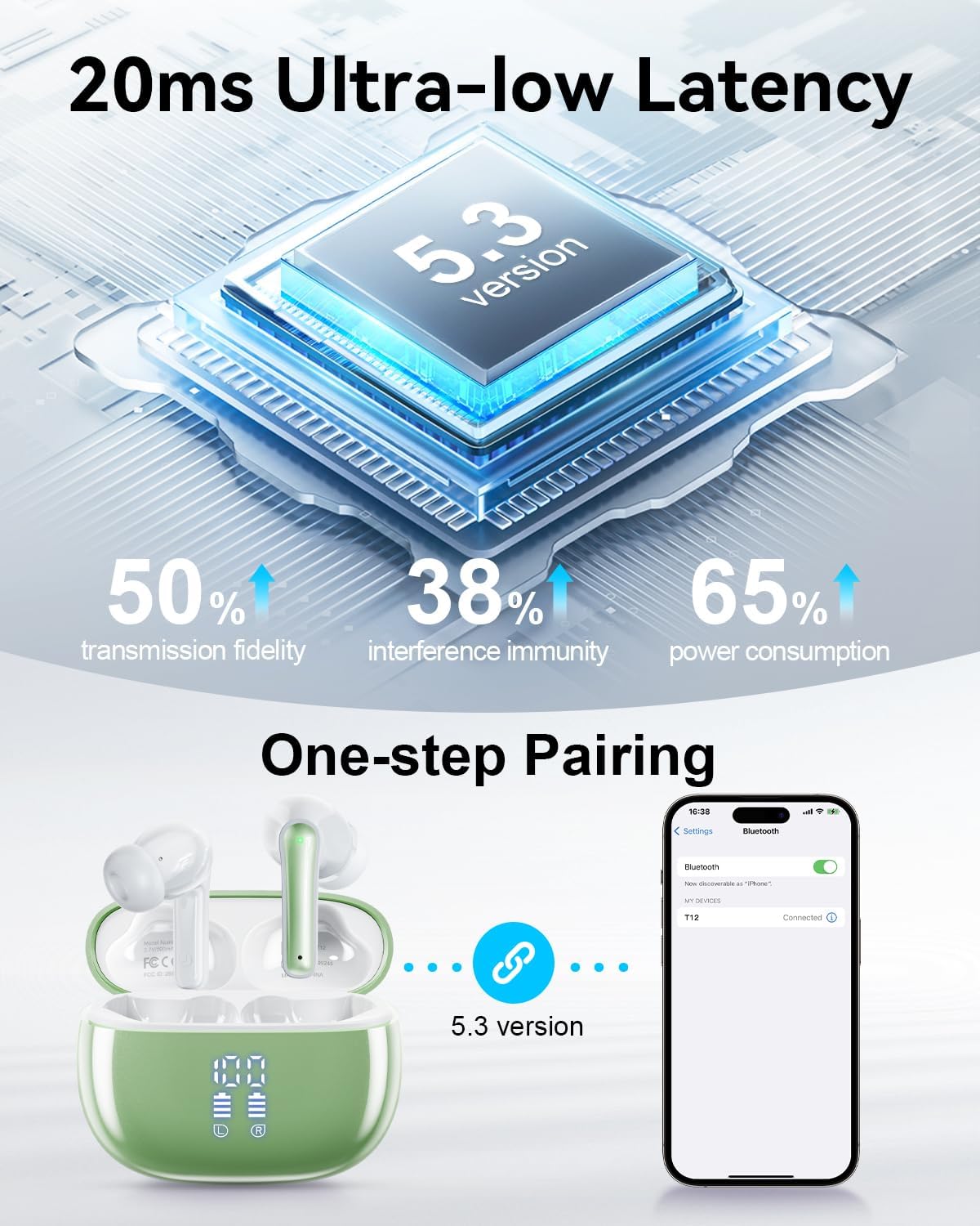 Wireless Earbuds, Bluetooth Ear Buds Headphones with LED Charging Case, 40 Hours Playtime, IP7, Lightweight in-Ear Earphones for iPhone Android Sports Workout